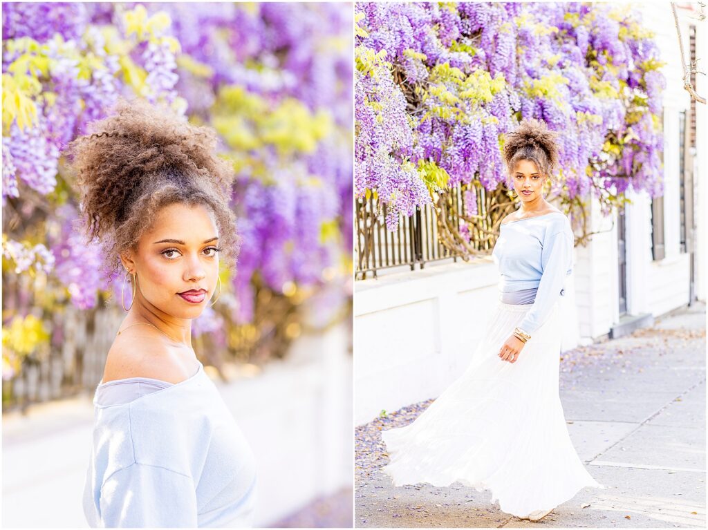 Spring senior photos in Charleston featuring purple wisteria and soft natural light