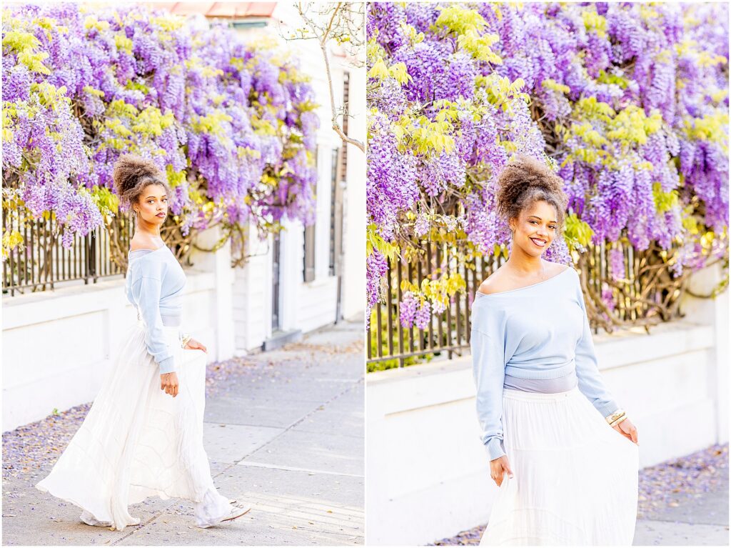 High school senior portrait session under wisteria vines in Charleston South Carolina