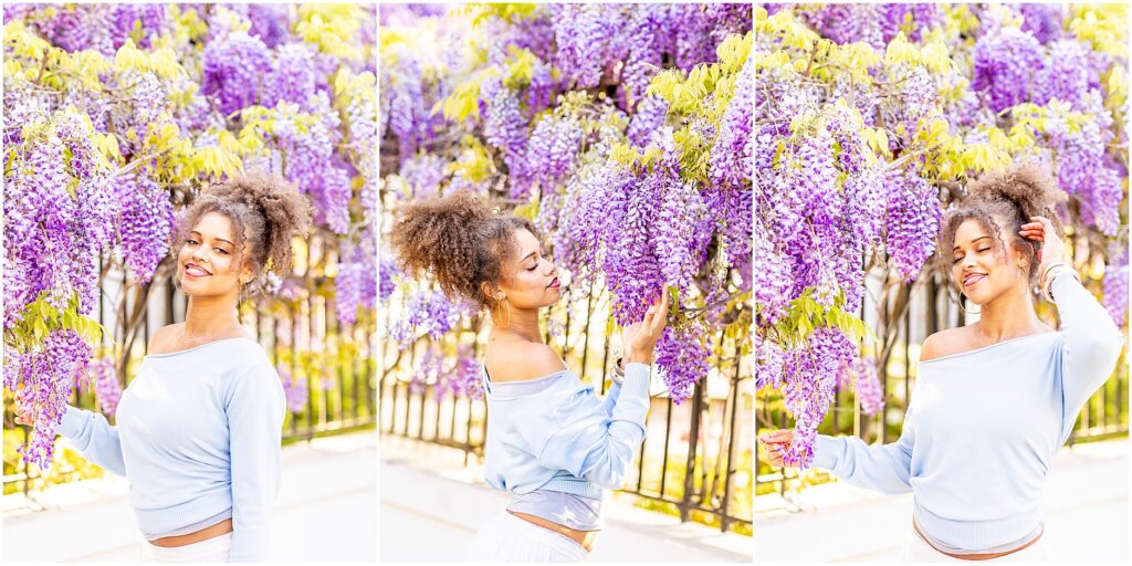 Charleston SC senior session with wisteria backdrop and natural candid posing