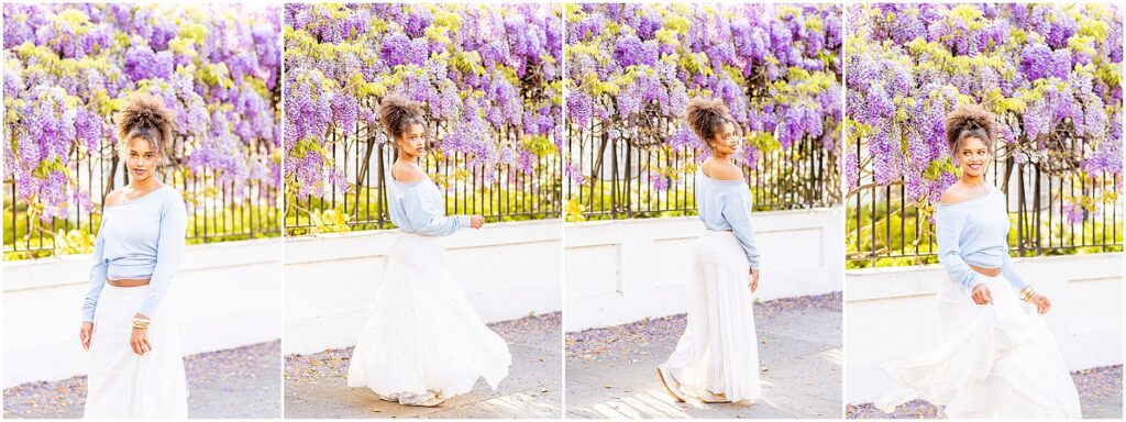 Dreamy senior photoshoot under blooming wisteria in Charleston during spring