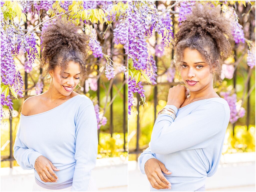 Springtime senior portraits in Charleston with soft purple florals and greenery