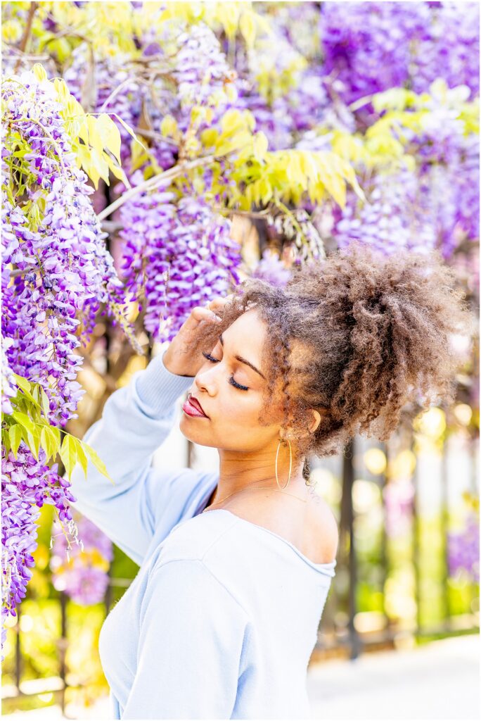 Charleston senior photos featuring wisteria blooms and romantic natural light