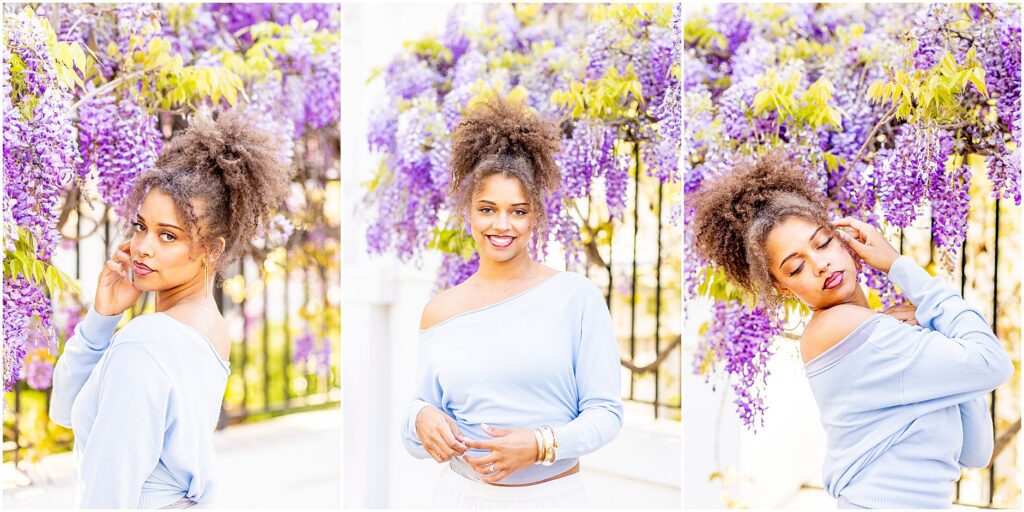 Outdoor senior session in Charleston SC with wisteria vines and soft sunlight