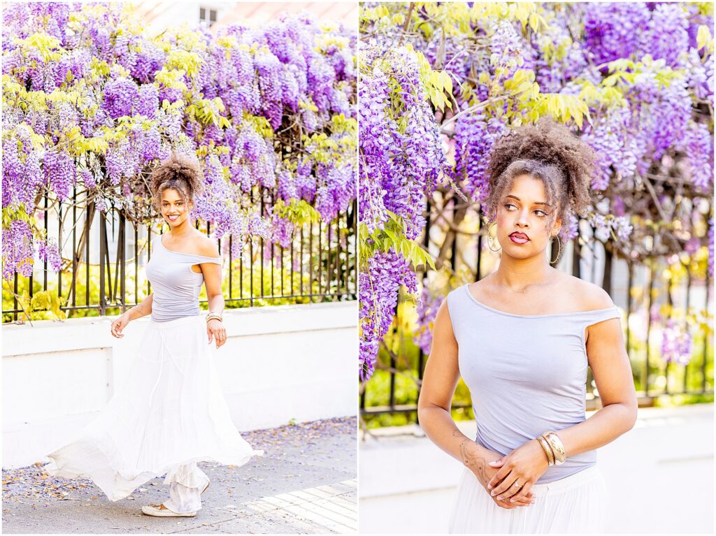 Senior portrait inspiration with wisteria in bloom in Charleston South Carolina