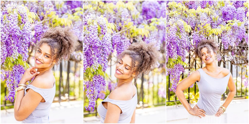 Natural light senior photos in Charleston with purple wisteria flowers