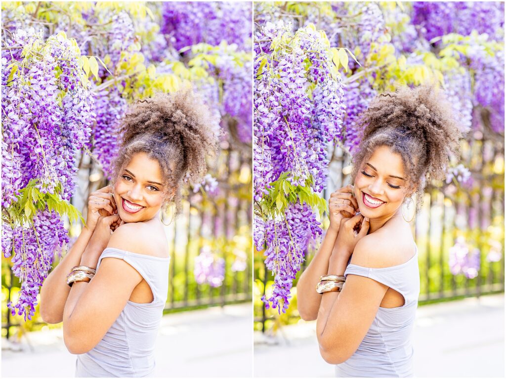 Charleston spring photoshoot with blooming wisteria and soft airy tones