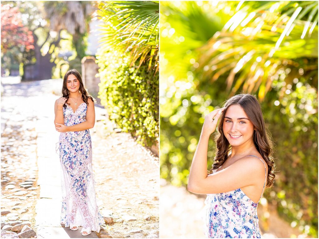 Senior portraits at Longitude Ln off of Rainbow Row in Charleston of a girl in a floral dress at golden hour