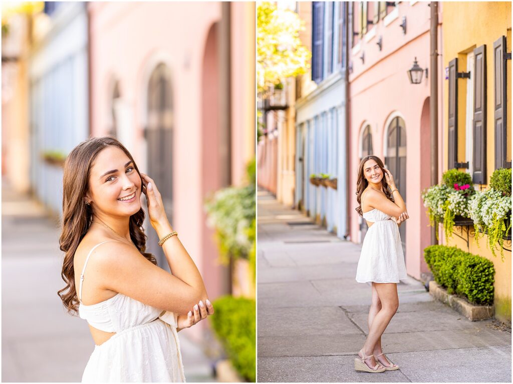 Timeless senior photos on Rainbow Row in Charleston