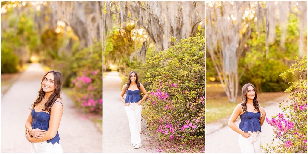 Azaleas in bloom with Spanish moss in Hampton Park for photos of high school senior in Charleston