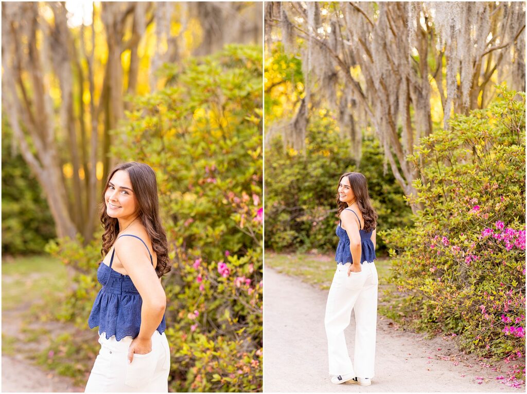 Spanish moss and glowy golden hour light creating a beautiful backdrop for high school senior photos in Hampton Park, Charleston