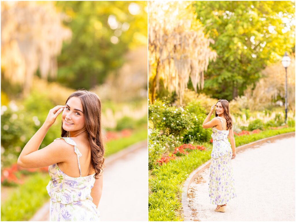 Spanish moss and florals creating a stunning setting for senior photos in Hampton Park, Charleston, SC