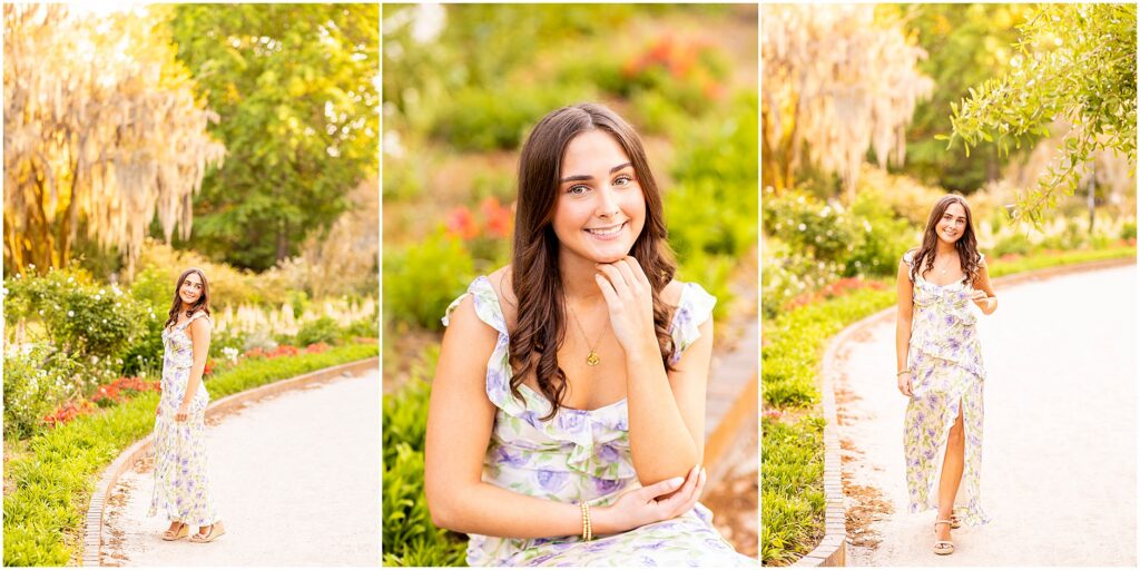 Senior girl embracing the greenery, golden light, and Spanish moss of Hampton Park for her timeless senior photos in Charleston, South Carolina 