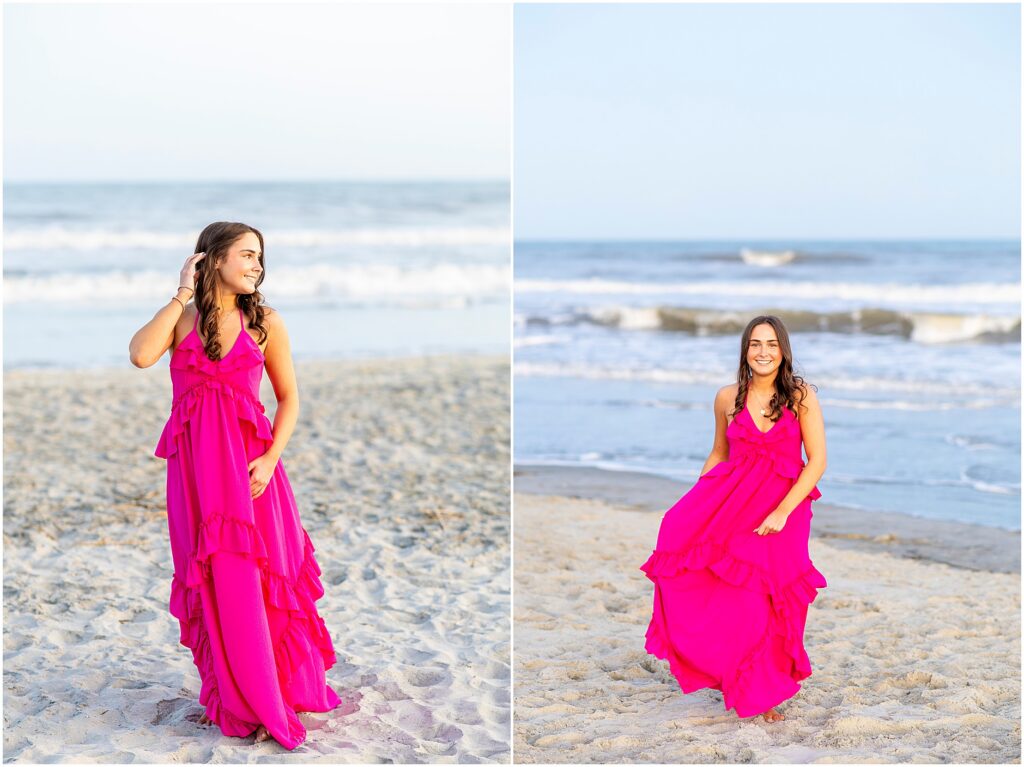 High school senior girl embracing Folly Beach photos in her bright pink dress as she runs along the shoreline