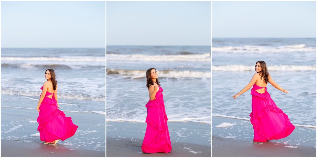 Playful senior photos in a hot pink dress on Folly Beach by the ocean