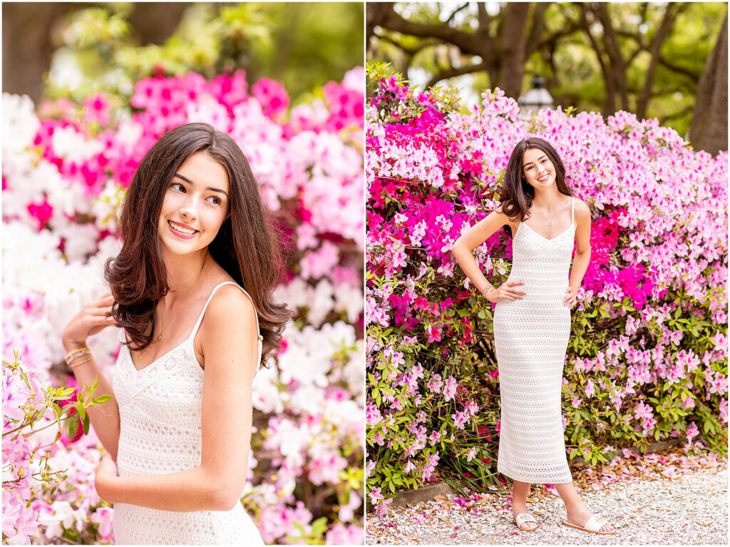 High school senior portraits in Charleston park with flowers and oak trees
