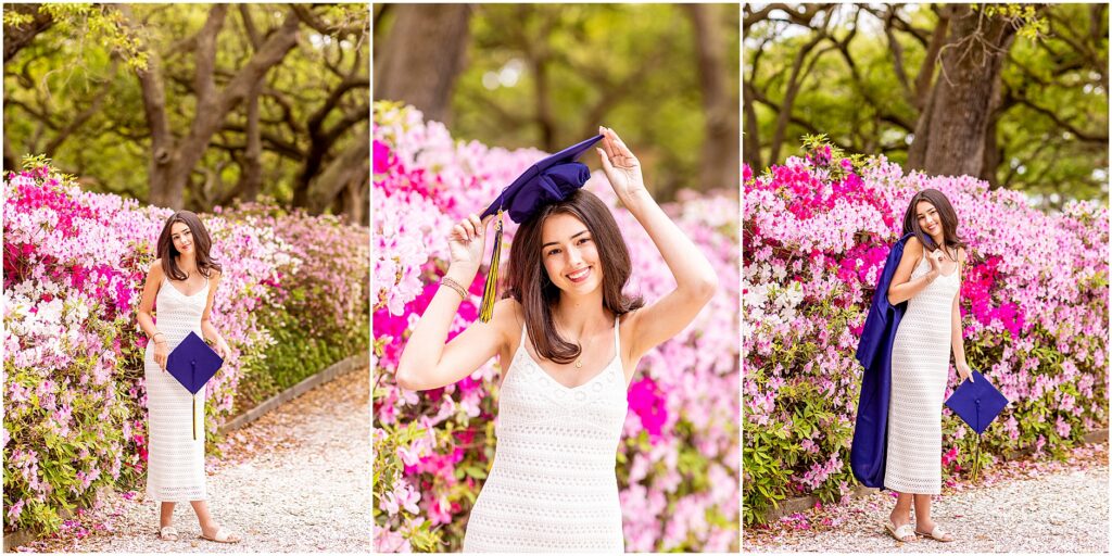 High school senior cap and gown photos in Charleston with azaleas in bloom