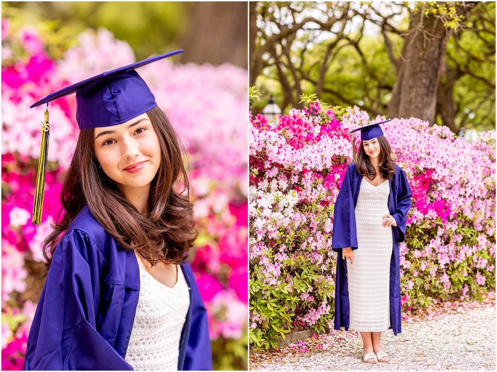 Senior girl in cap and gown posing in White Point Garden Charleston with blooming azaleas