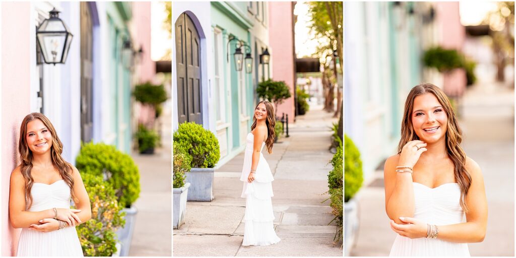 Charleston senior session on Rainbow Row with glowy morning light and historic pastel homes
