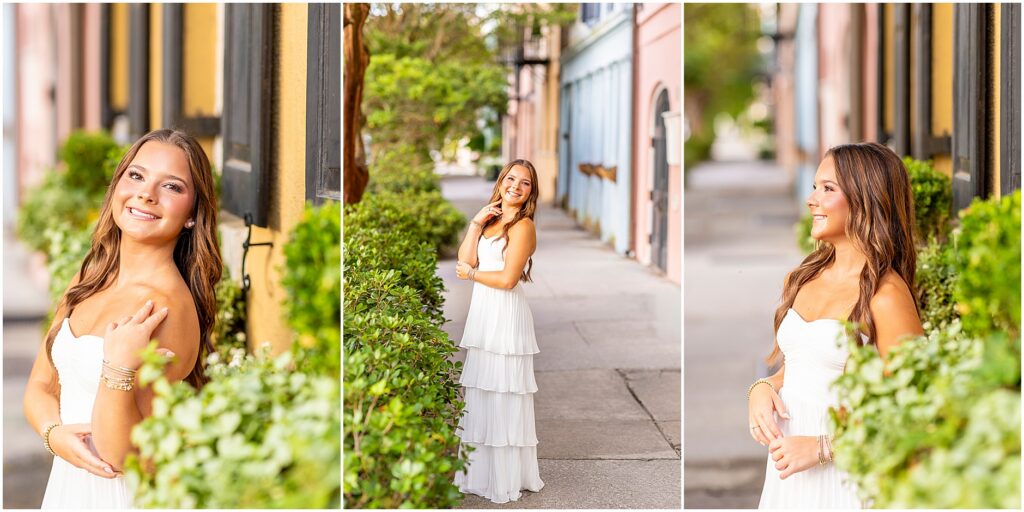 High school senior portraits on Rainbow Row in downtown Charleston, SC