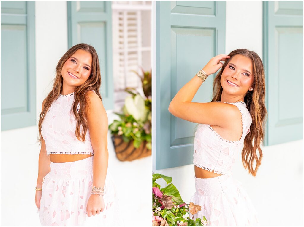 Closeup portraits of senior girl smiling on Rainbow Row for her high school senior photos