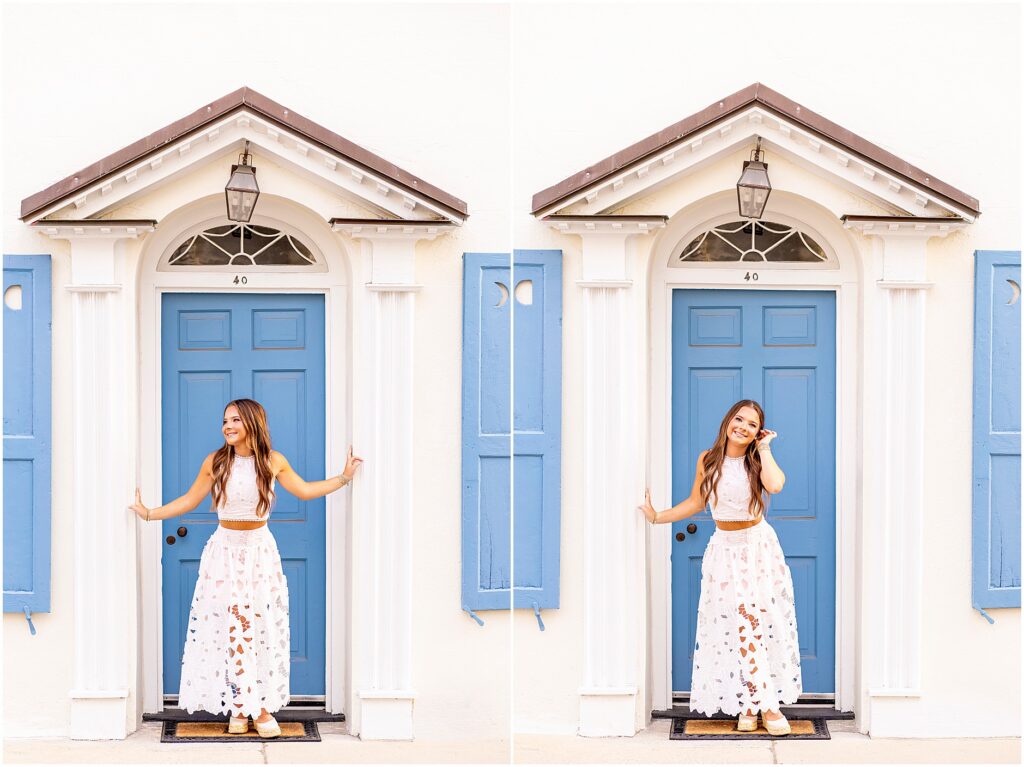 Fun and candid senior photos on Tradd Street in Charleston, South Carolina