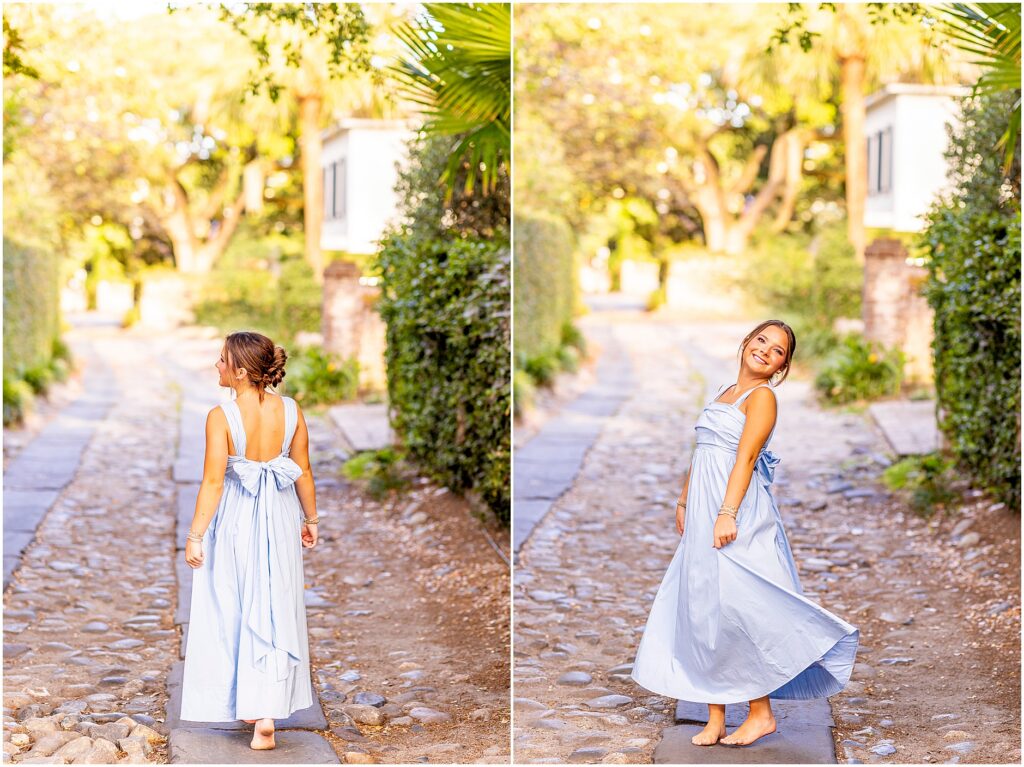 Charleston high school senior walking on cobblestone street in downtown