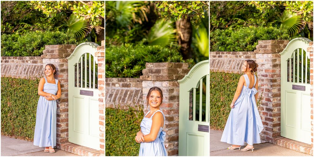Senior photos in front of the iconoc green door on Rainbow Row in Charleston