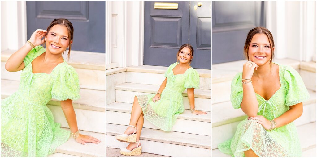 High school senior sitting on the steps wearing a fun green dress for her portraits in downtown Charleston