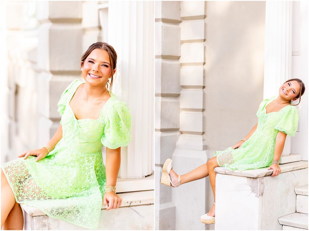 Fun senior photos on Rainbow Row in Charleston, South Carolina