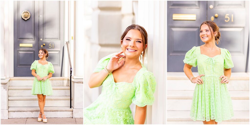Charleston senior wearing a fun green dress for her portraits downtown
