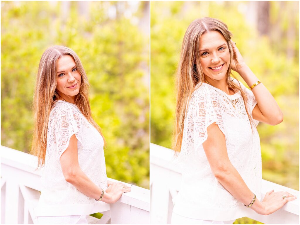 Senior portraits at Cypress Gardens featuring a graduate in a white outfit surrounded by Spanish moss and water