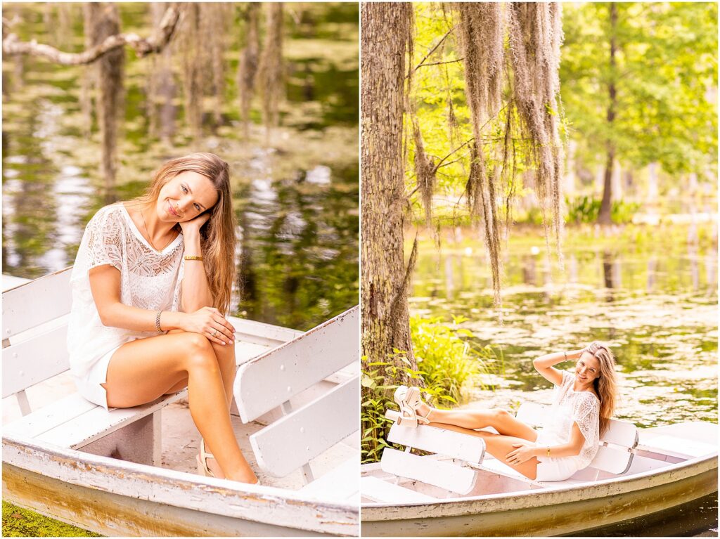 Senior portraits at Cypress Gardens featuring a graduate in a rowboat surrounded by Spanish moss and water.