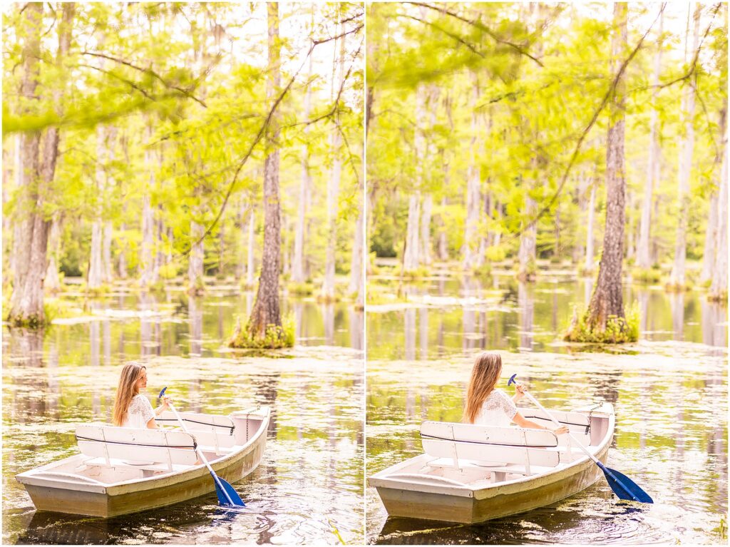Timeless senior photos in a row boat at Cypress Gardens in Charleston, South Carolina