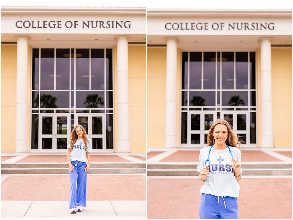 Charleston Southern University nursing graduate in scrubs posing outside the nursing building after completing her Bachelor of Science in Nursing degree.