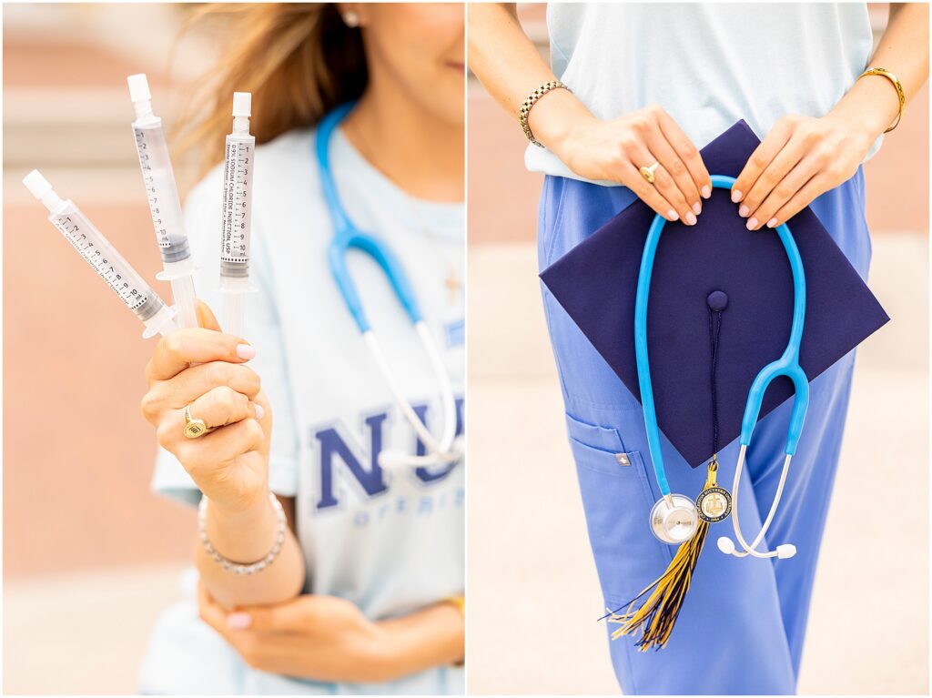 Nursing student graduation portraits in Charleston, South Carolina with stethoscope and medical tools.