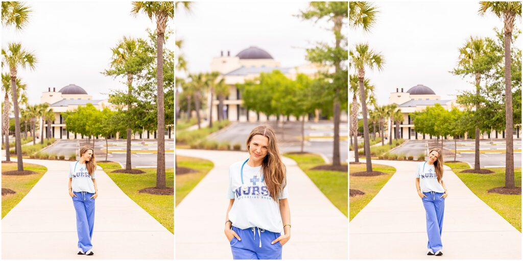 Nursing graduate posing in blue scrubs outside the College of Nursing at Charleston Southern University during her BSN graduation session