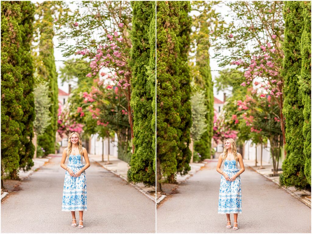 Natural senior portraits of Remington beneath the trees on Church Street in Charleston.