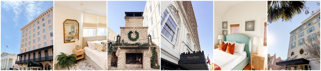 Collage of Charleston hotels and accommodations, including luxury boutique hotels, historic properties, and downtown Charleston lodging options.