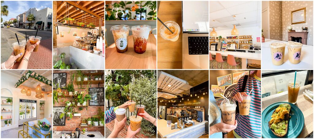 Collage of Charleston coffee shops and cafés featuring specialty coffee, pastries, cozy interiors, and local favorite gathering spots.