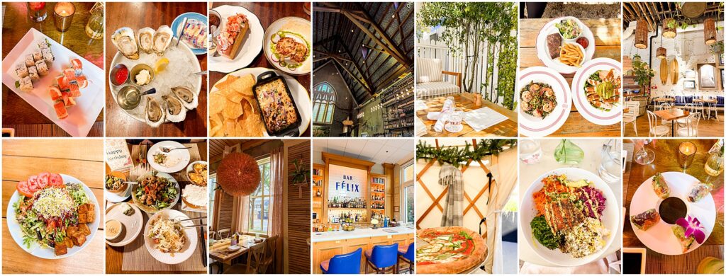 Collage of Charleston restaurants featuring fresh seafood, Italian cuisine, healthy dining options, brunch favorites, and local Lowcountry flavors.