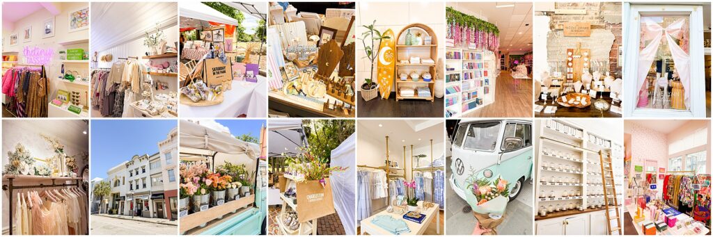 Collage of Charleston shopping destinations including King Street boutiques, local makers, artisan markets, gifts, flowers, and Charleston small businesses.