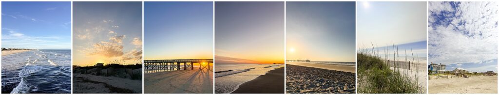 Collage of Charleston-area beaches including Folly Beach, Sullivan's Island, Isle of Palms, and Kiawah Island with ocean views and coastal scenery.