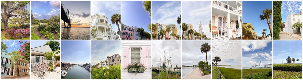 Collage of popular Charleston attractions including Rainbow Row, The Battery, Waterfront Park, historic streets, gardens, and waterfront views.