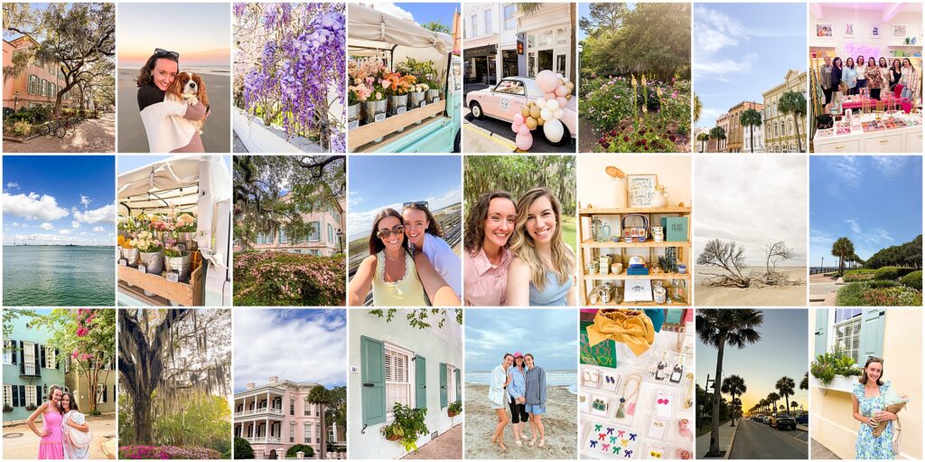 Charleston travel guide collage featuring downtown Charleston attractions, historic homes, Rainbow Row, local restaurants, coffee shops, shopping, beaches, and popular things to do in Charleston, South Carolina.