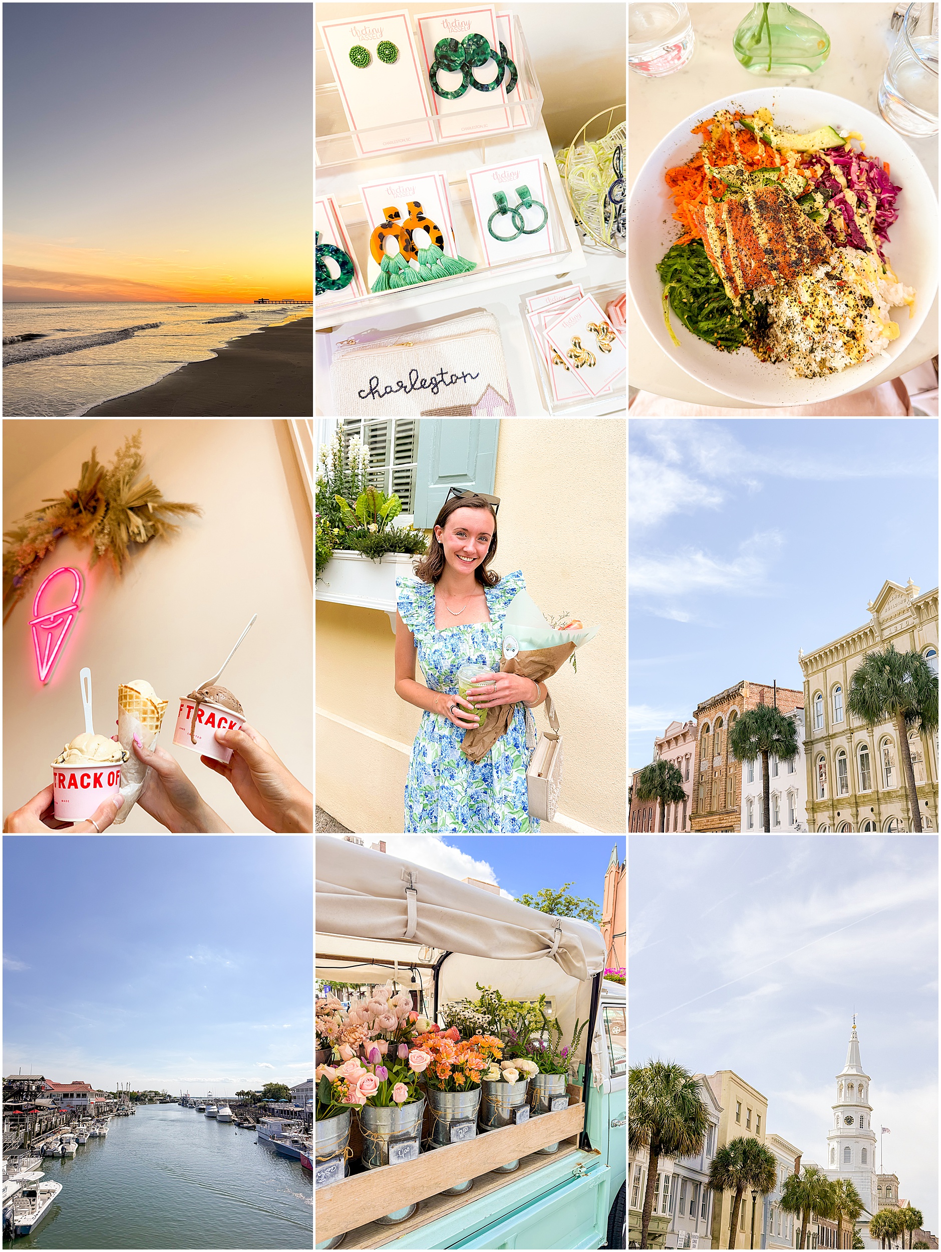 Charleston travel guide collage featuring downtown Charleston attractions, historic homes, Rainbow Row, local restaurants, coffee shops, shopping, beaches, and popular things to do in Charleston, South Carolina.