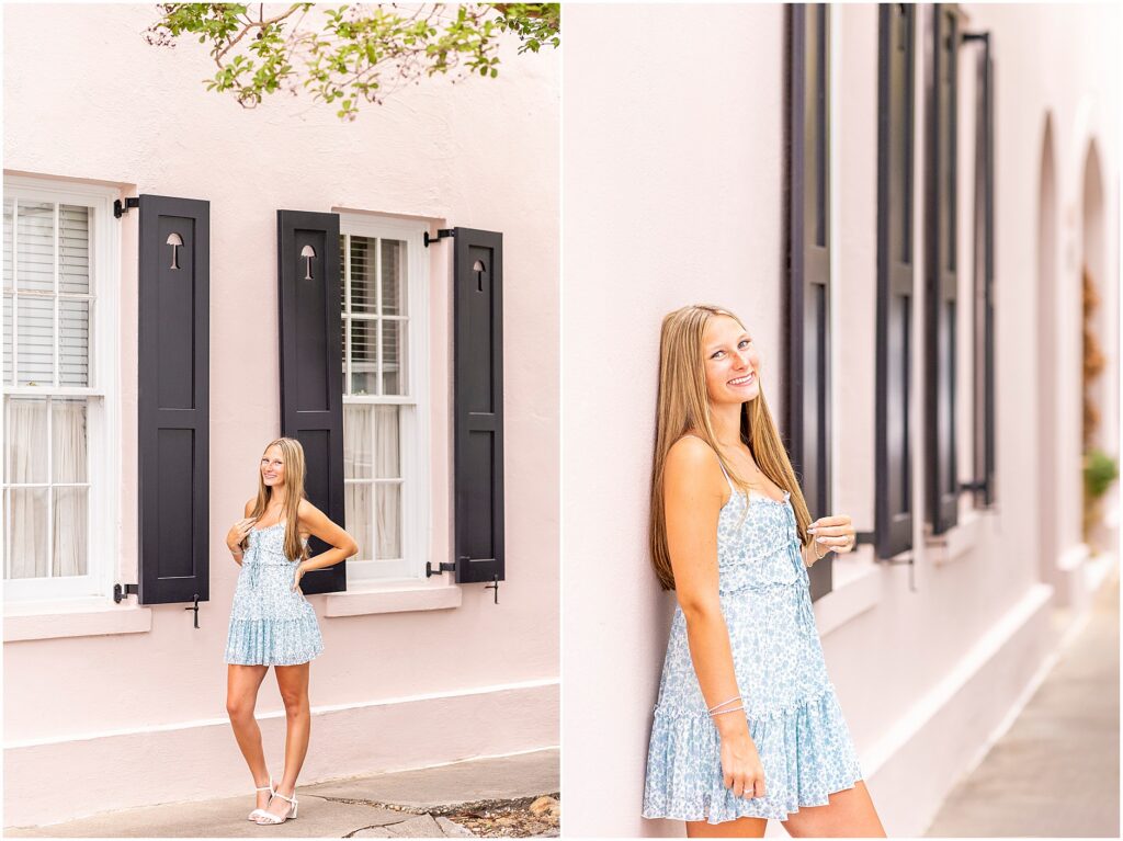 High school senior smiling along Rainbow Row in historic downtown Charleston on a sunny evening.
Senior portrait featuring Rainbow Row's iconic pastel homes in Charleston, South Carolina.