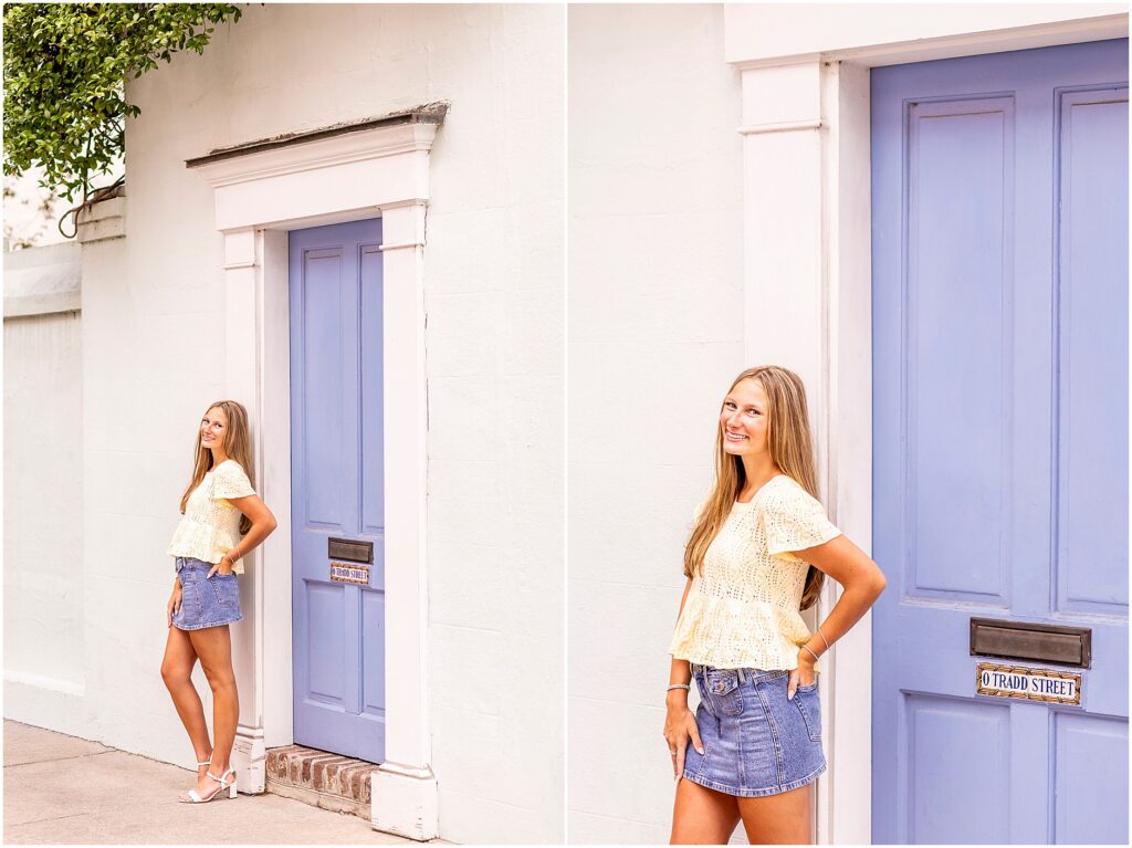 Elegant senior portrait in front of Rainbow Row showcasing the timeless beauty of downtown Charleston