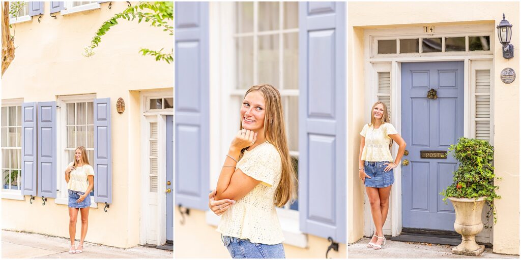High school senior walking along Rainbow Row during a golden hour senior photography session in Charleston