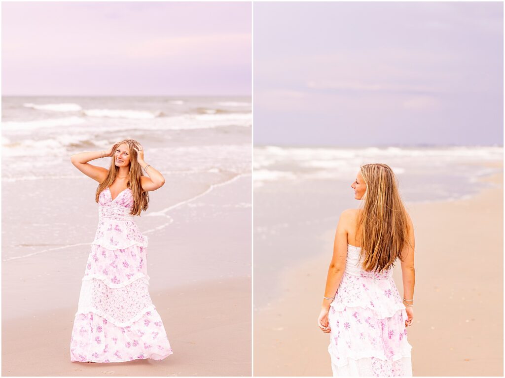 Charleston senior photographer capturing a graduate on the beach at Isle of Palms as the sun begins to set