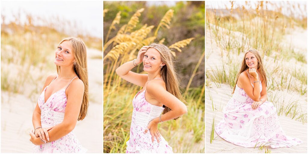 High school senior smiling barefoot on Isle of Palms beach during a Charleston senior photography session